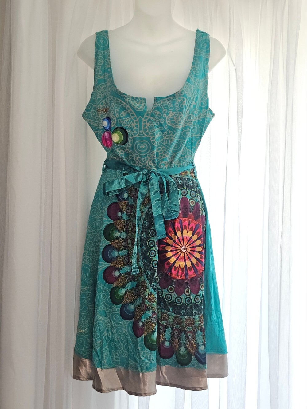 Desigual Turquoise Multicolor Mandala Print Midi Dress | Size L - Picture 2 of 10